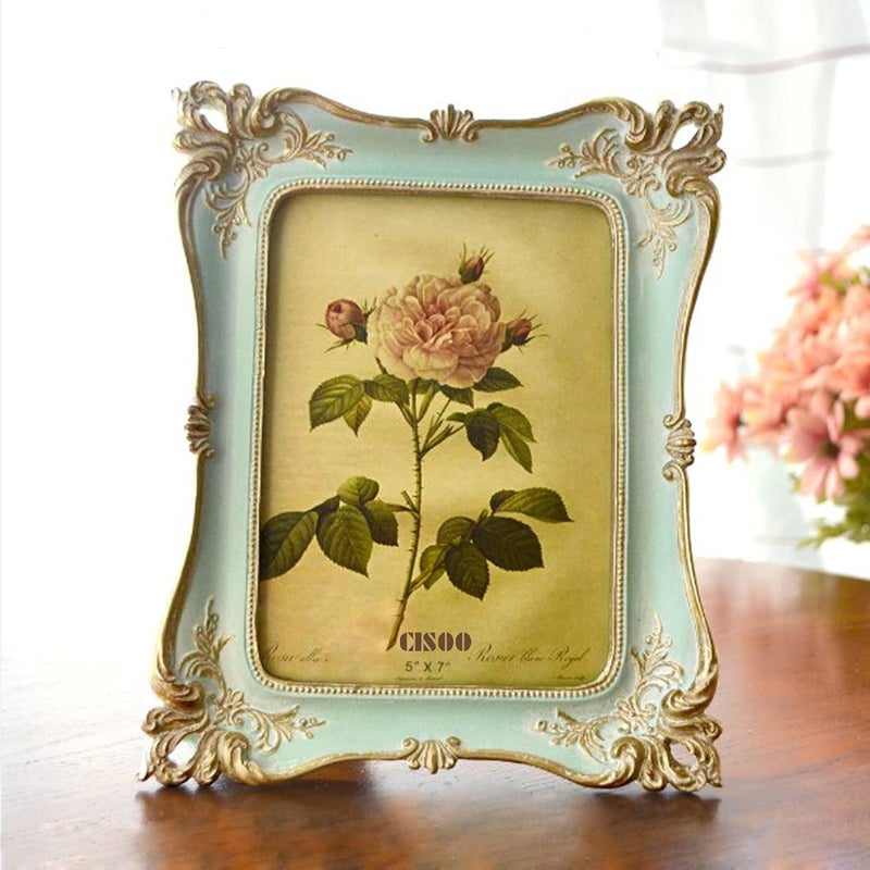 CISOO 5x7 Vintage Picture Frame Antique Ornate Blue Photo Frame, for Table Top and Wall Display, Decorative Floral Design Retro Home Decor, Photo Gallery Art - Image 2